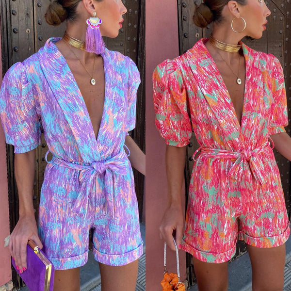 Bubble sleeved short sleeved printed waistband elastic jumpsuit