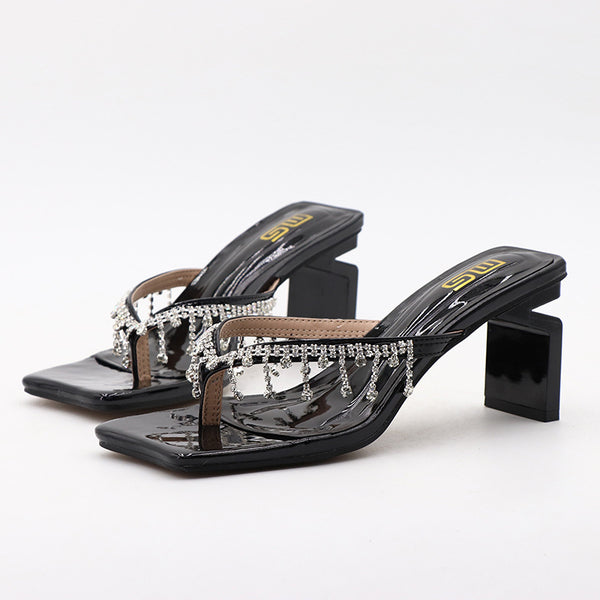 Square Toe Rhinestone High-heeled Outdoor Women's Fashionable Chunky Heel Plus Size Sandals