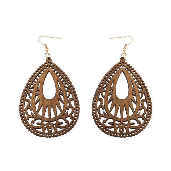 European And American New Fashion Hollow Water Drop Wood Earrings