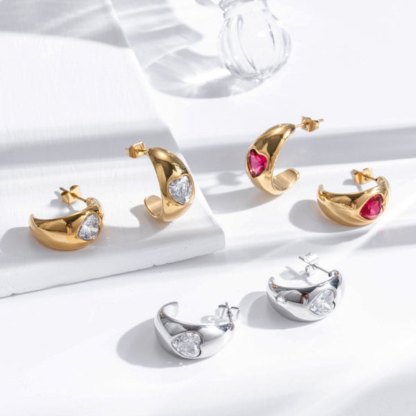 Simple Graceful Stainless Steel Loving Heart Zircon Earrings